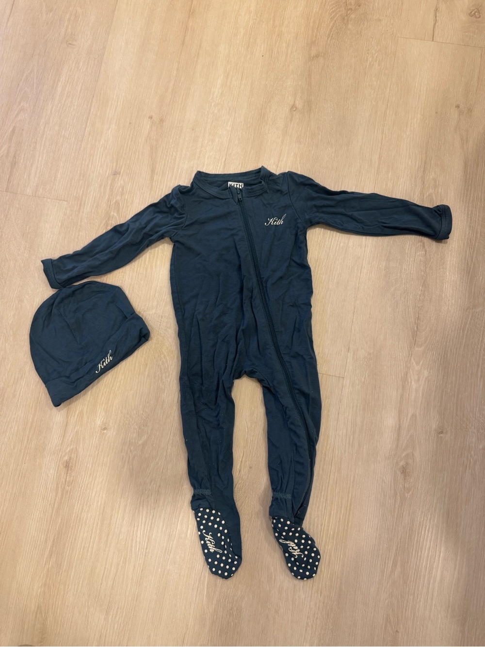 Kith Navy Zip-Up Footie One-Piece with Matching Hat